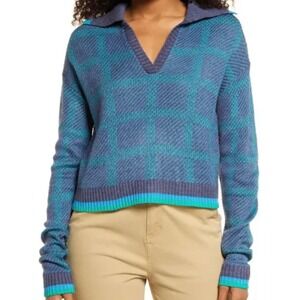 Nordstrom BP Relaxed Polo Blue‎ Teal Green Plaid Pullover Sweater XL Acrylic